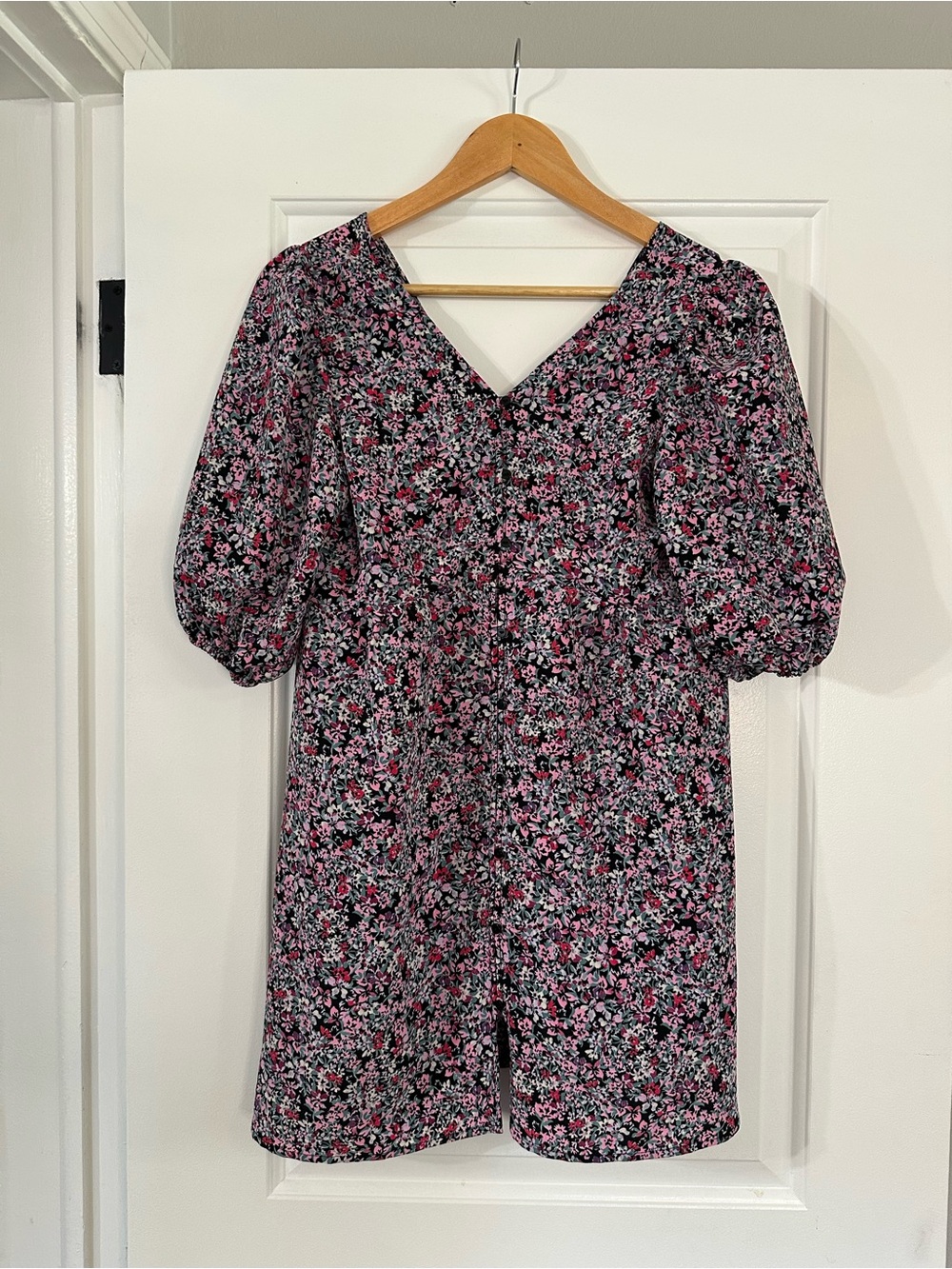 NWT Zara Puff Sleeve Floral Button Up Mini Dress in Pink & Black, Size 13/14